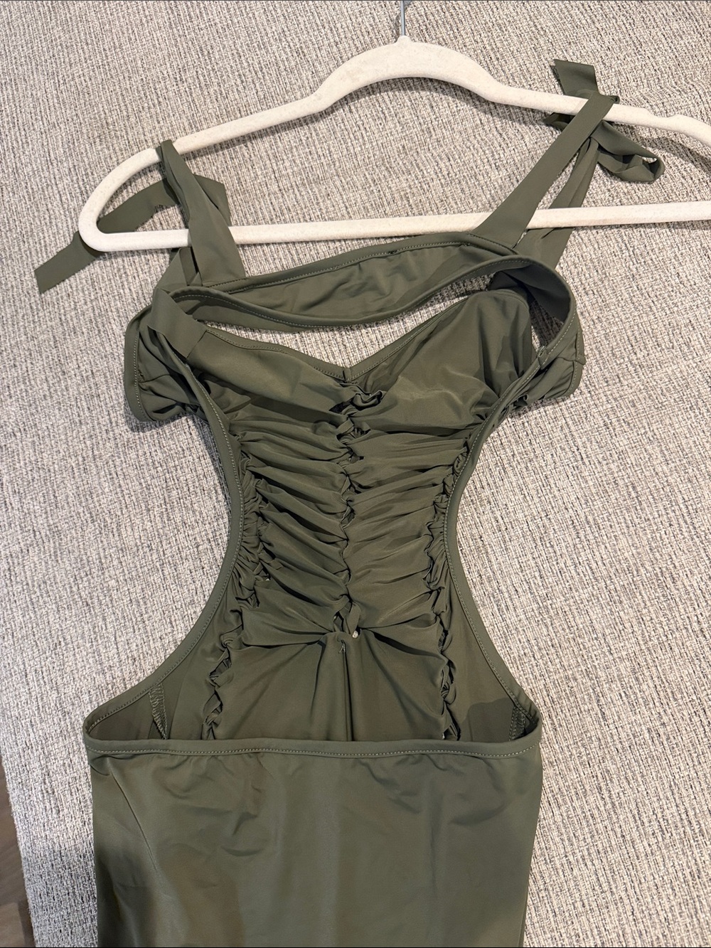 Fashion Nova Olive Green Ruched Maxi Dress with Tie-Straps - Picture 2 of 4